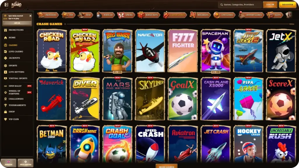 Crash and instant games at Lizaro Casino including Aviator and Plinko