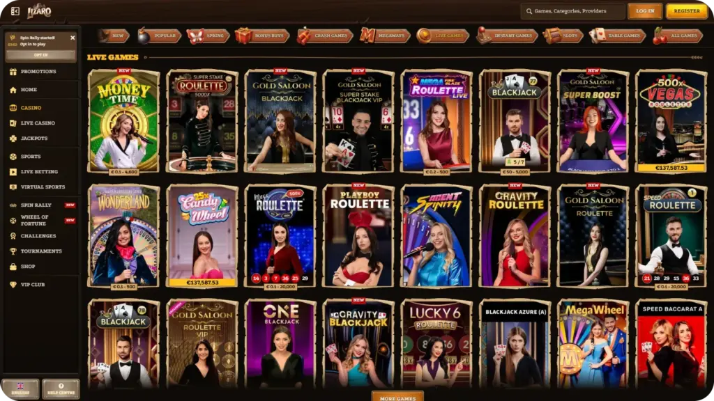 Live dealer tables at Lizaro including roulette blackjack and baccarat