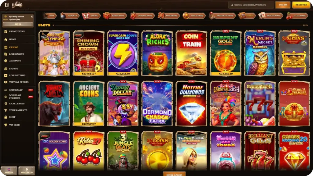 Slots and jackpot games at Lizaro Casino UK including Megaways and daily jackpots